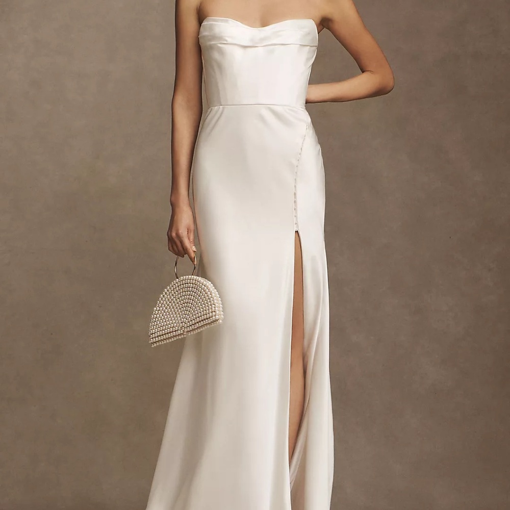 Watters Orlie strapless corset satin sheath wedding gown